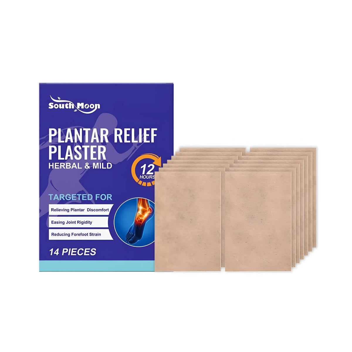 Foot soothing patches in adhesive strip format with 14 pieces per pack