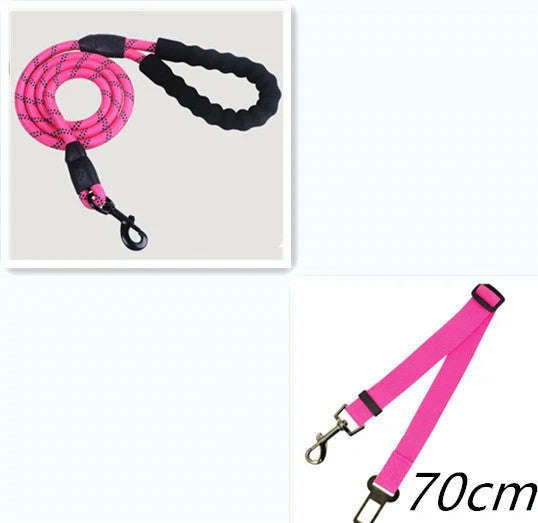 Reflective dog leash with foam handle showing 1.5m length and zinc alloy hook