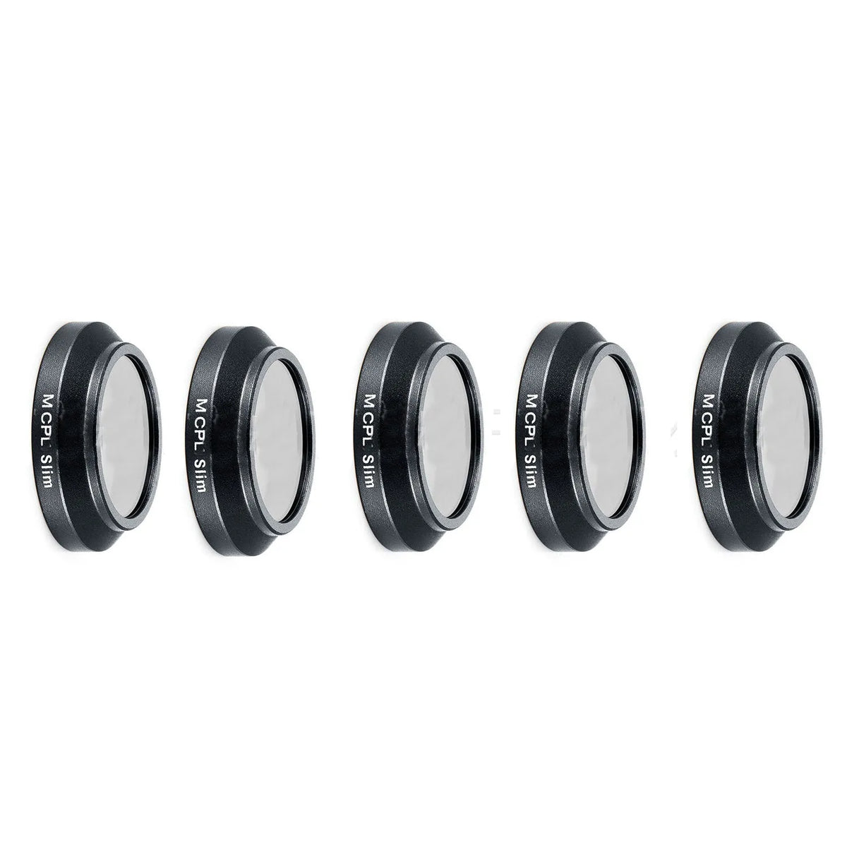 DJI Mavic drone camera with a selection of slim ND, UV, and CPL screw-on filters laid out beside it.