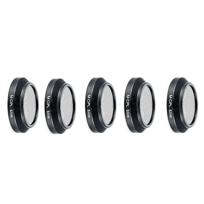DJI Mavic drone camera with a selection of slim ND, UV, and CPL screw-on filters laid out beside it.
