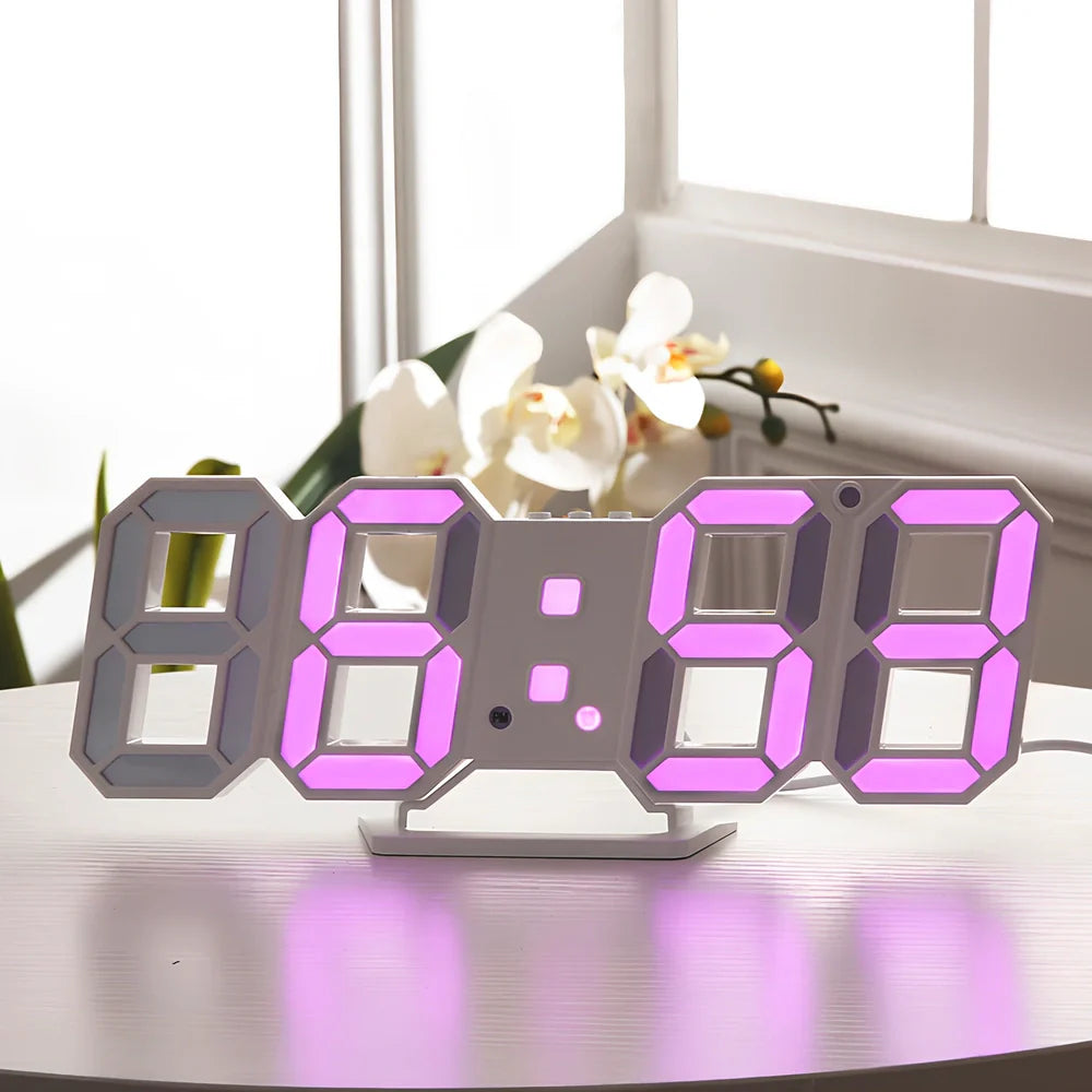 3D LED digital clock showing time and temperature display with adjustable brightness settings