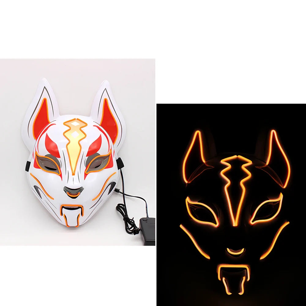 Glowing blue cat face mask with LED illumination measuring 28cm by 18cm for cosplay and Halloween events