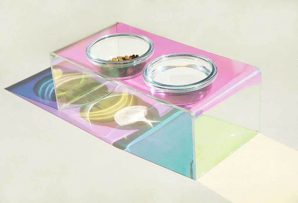 Dazzling holographic acrylic pet bowl for small dogs and cats with anti-slip base