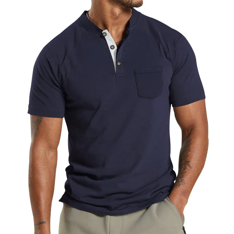 A man wearing a plus size solid colour short sleeve polyester shirt with a button chest pocket.