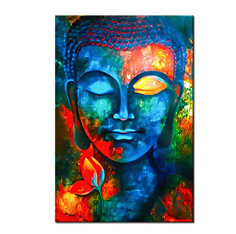 God Buddha wall art canvas featuring modern Buddha paintings with 10 available size options from 20x30cm to 70x100cm, printed on chemical fabric material for consistent colour reproduction