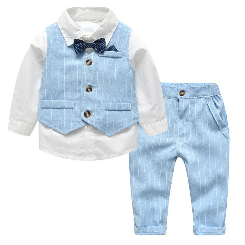 Three-piece baby boy suit with white shirt, striped vest, and trousers in cotton fabric