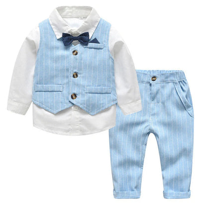 Three-piece baby boy suit with white shirt, striped vest, and trousers in cotton fabric