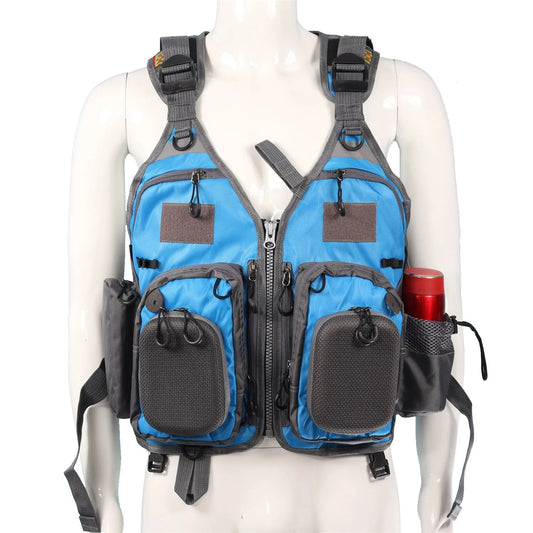Grey fishing life jacket with reflective strips, multiple pockets, and adjustable buckle straps for water safety.