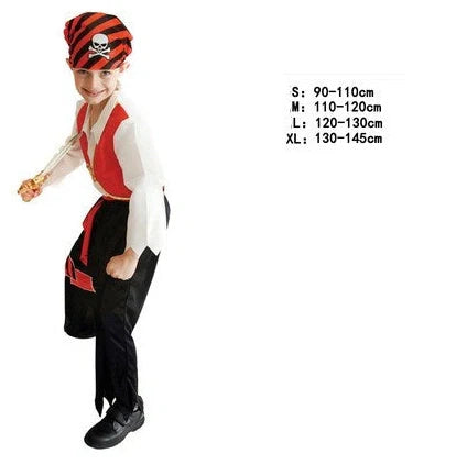 Halloween children's pirate costume with multiple character options and sizing guidance