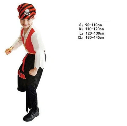 Halloween children's pirate costume with multiple character options and sizing guidance