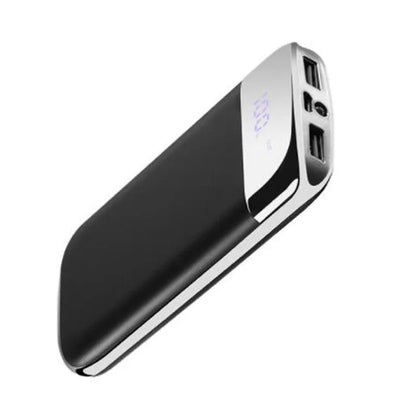 Y10 black portable power bank with LCD display showing battery percentage and two USB ports