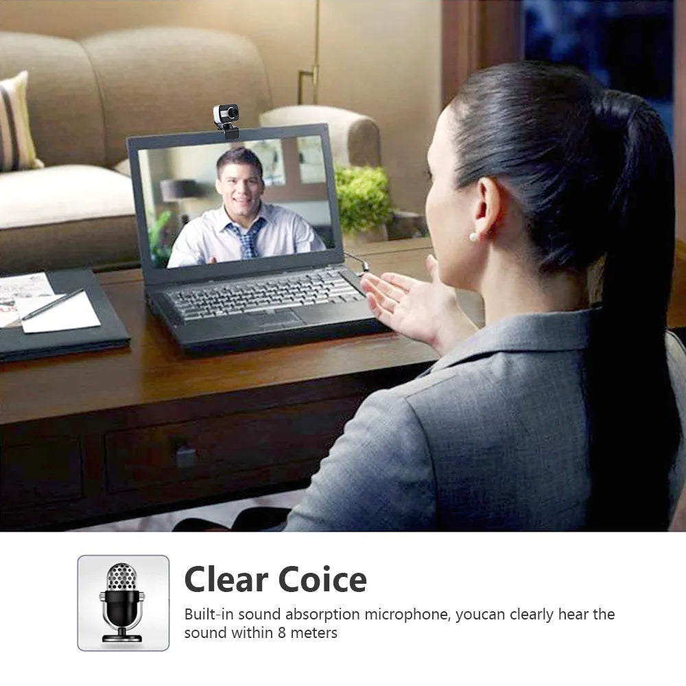 Blue, red, or white mini USB webcam on a stand with a 360-degree rotating head and manual focus adjustment.