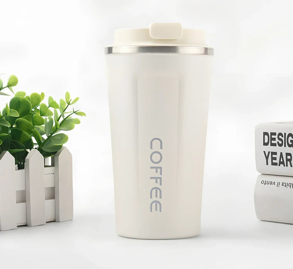 Stainless steel thermal vacuum coffee mug with double-layer insulation and spill-proof lid in multiple colour options