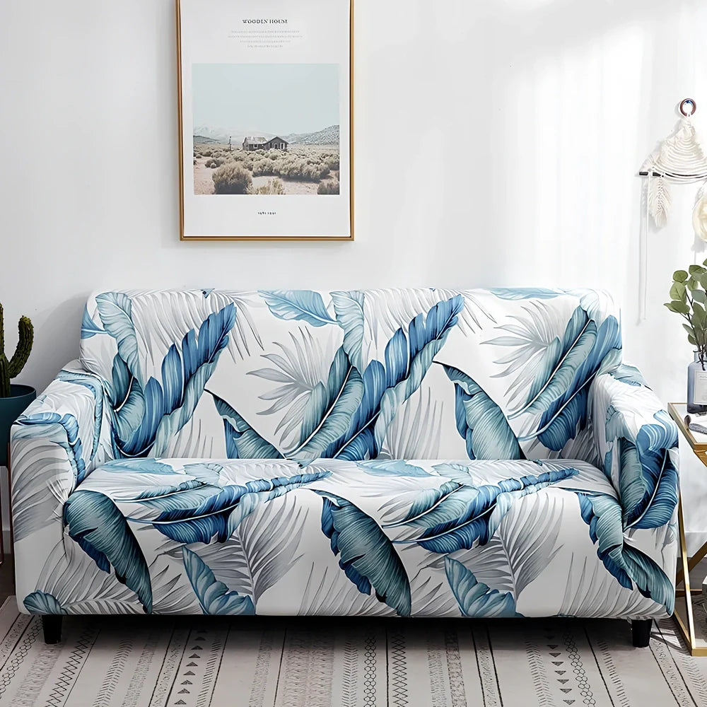 Elastic sofa cover with stripe pattern stretched over 3-seat sofa in living room setting