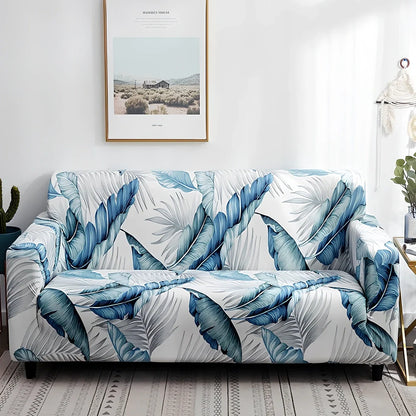 Elastic sofa cover with stripe pattern stretched over 3-seat sofa in living room setting