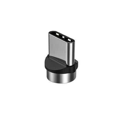 Black spherical magnetic charging cable with rotating head next to iPhone and Android phones