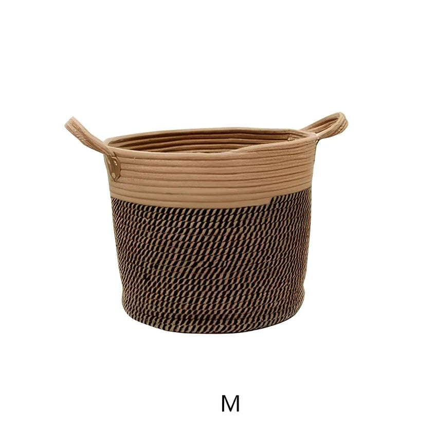 Brownish black hemp rope laundry basket with cotton linen insert showing 30L capacity and natural fibre construction