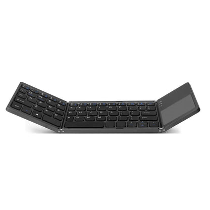 Tri-fold folding touch keyboard shown both unfolded for typing and folded for transport with touchpad