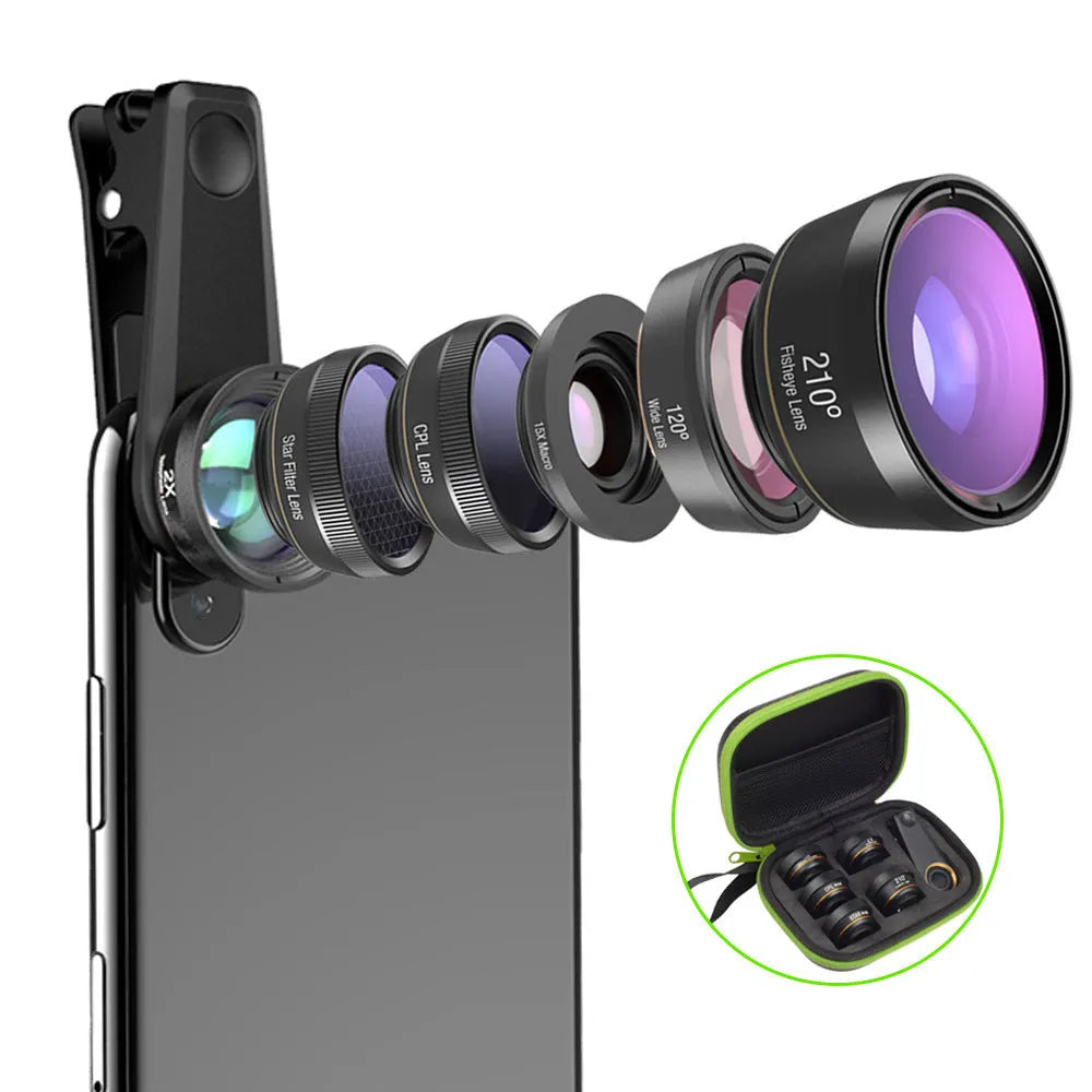 Six smartphone camera lenses including fisheye, macro, telephoto, wide-angle, CPL and star filters with aluminium housings