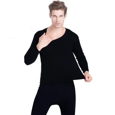 Men's plus velvet thick round neck thermal underwear set with long-sleeve pullover top and trousers in dark grey, light grey, black, or dark blue