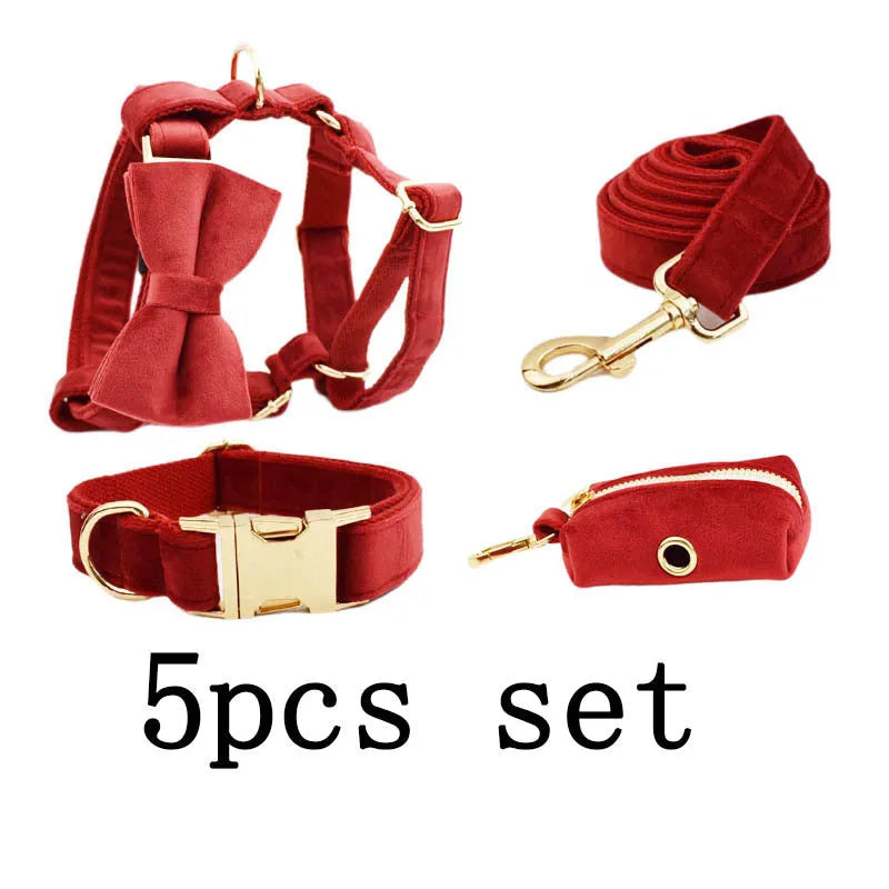 Cloth dog collar set with matching leash, vest, bow tie, and poop bag holder for small to extra large dogs