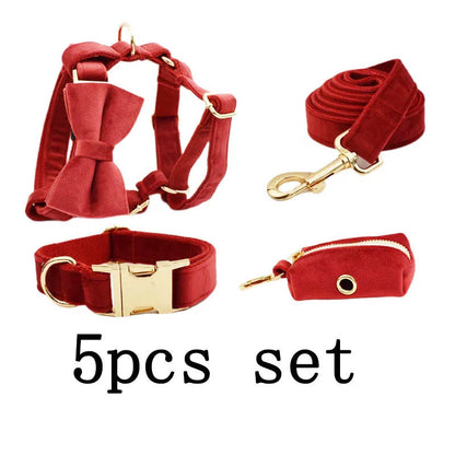 Cloth dog collar set with matching leash, vest, bow tie, and poop bag holder for small to extra large dogs