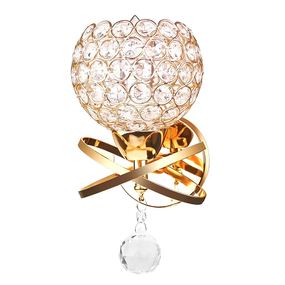 Crystal wall lamp with compact 145mm × 245mm × 100mm dimensions and E27 holder for 220V bulbs