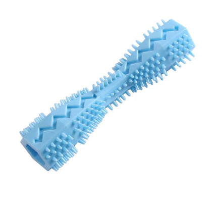Hexagonal TPR chew toy for dogs in green, blue, or pink for teeth cleaning and anxiety relief