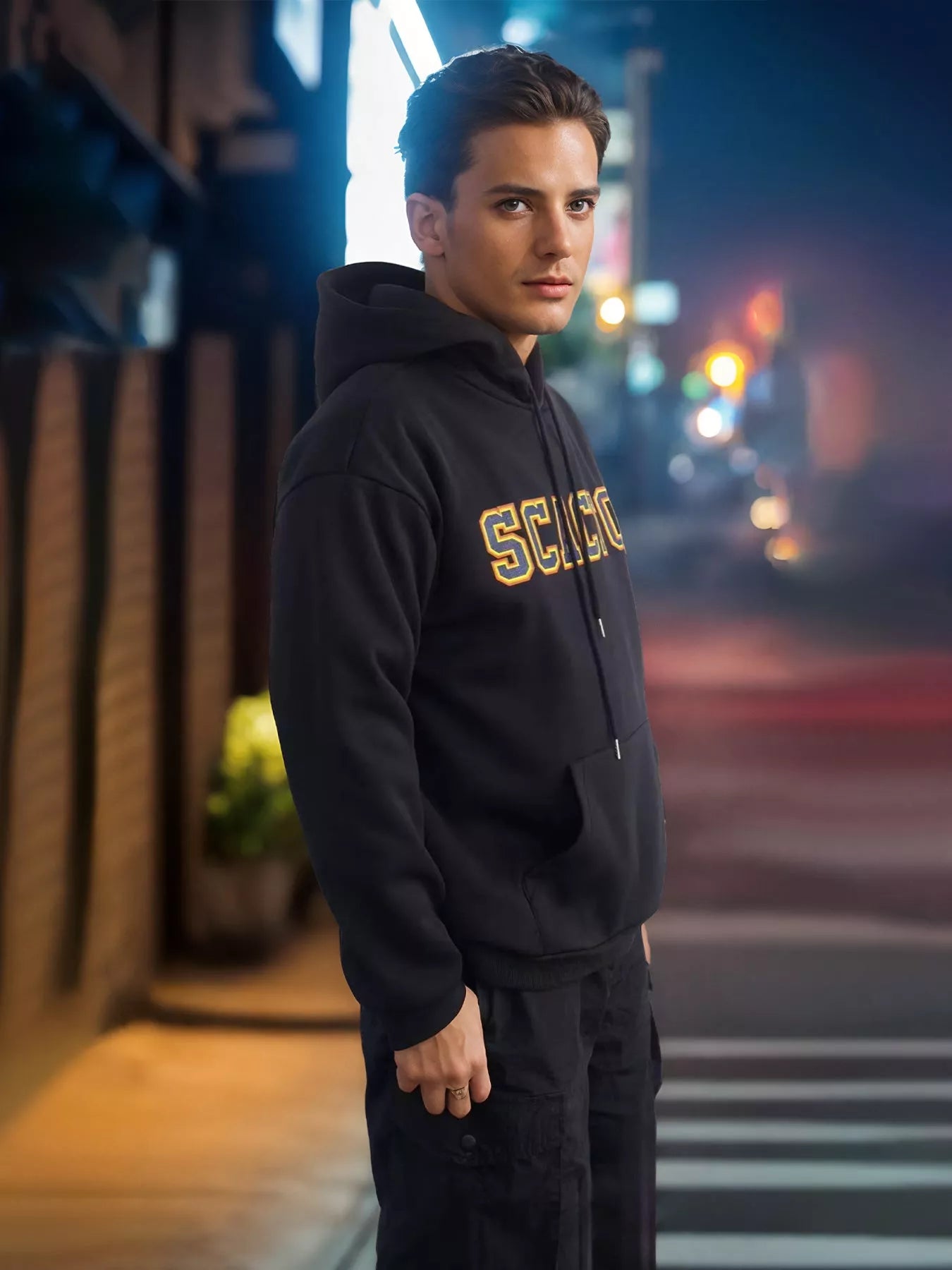 Cotton long sleeve printed hoodie for men and women in black, khaki, and purple