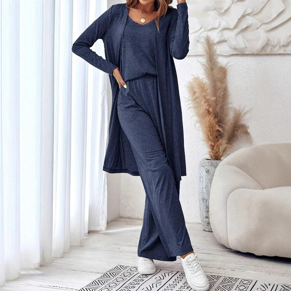Women's blue three-piece suit with sling top, long cardigan, and trousers in Japanese-Korean casual style
