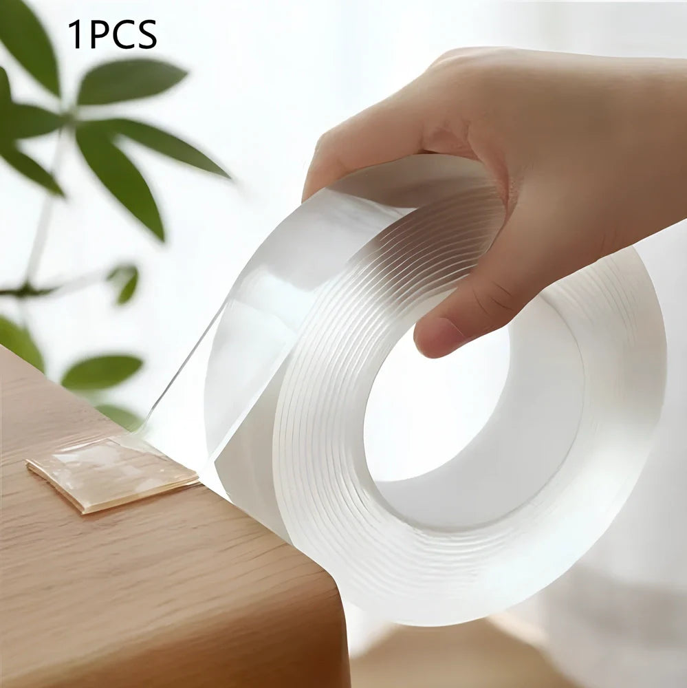 Transparent double-sided tape with 1mm thickness and 3cm width, showing nano-adsorption surface