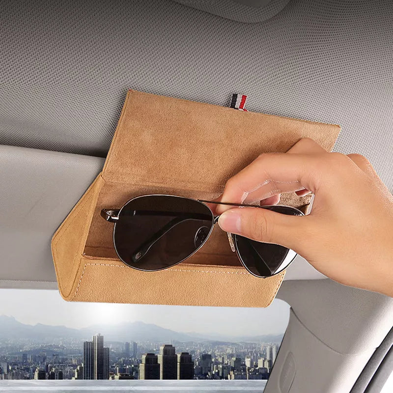 Car glasses storage box in suede material with quick buckle secure
