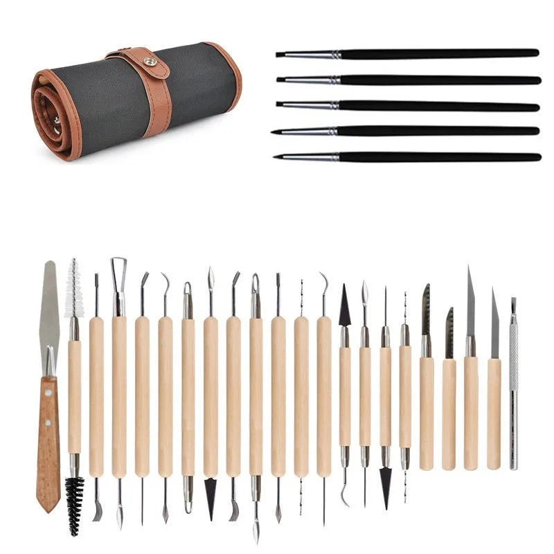 27-piece pottery clay tool set with rolling tool in OPP bag for sculpting and DIY crafts