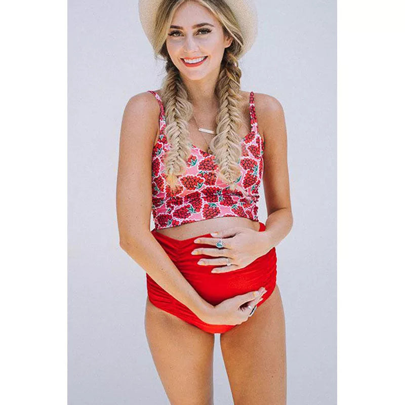 High waist maternity swimwear in red, designed for comfort and support during pregnancy