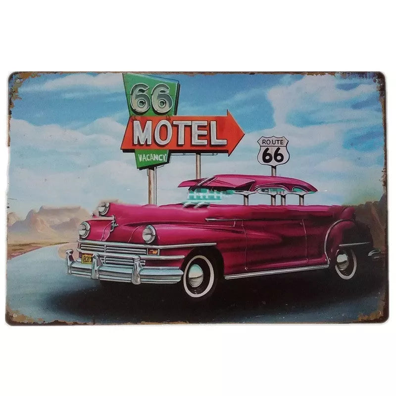 Retro tin painting metal craft with car and motorcycle design, 20x30cm