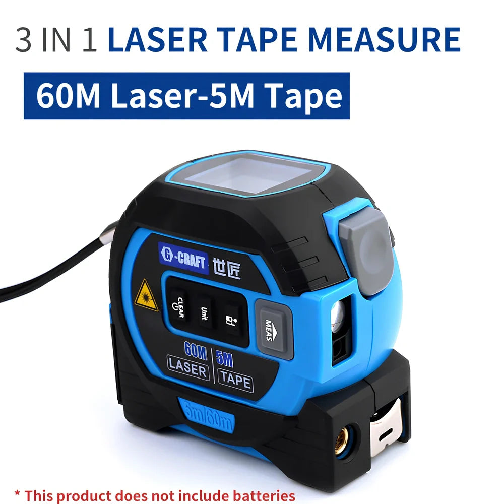 Blue 3-in-1 laser tape measure showing 5m tape extended and 60m infrared beam for construction ranging