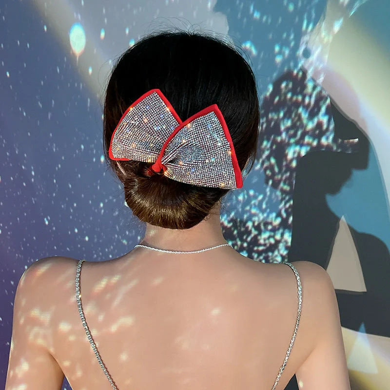 Korean style bowknot hairband with rhinestone accents in black, white, and red