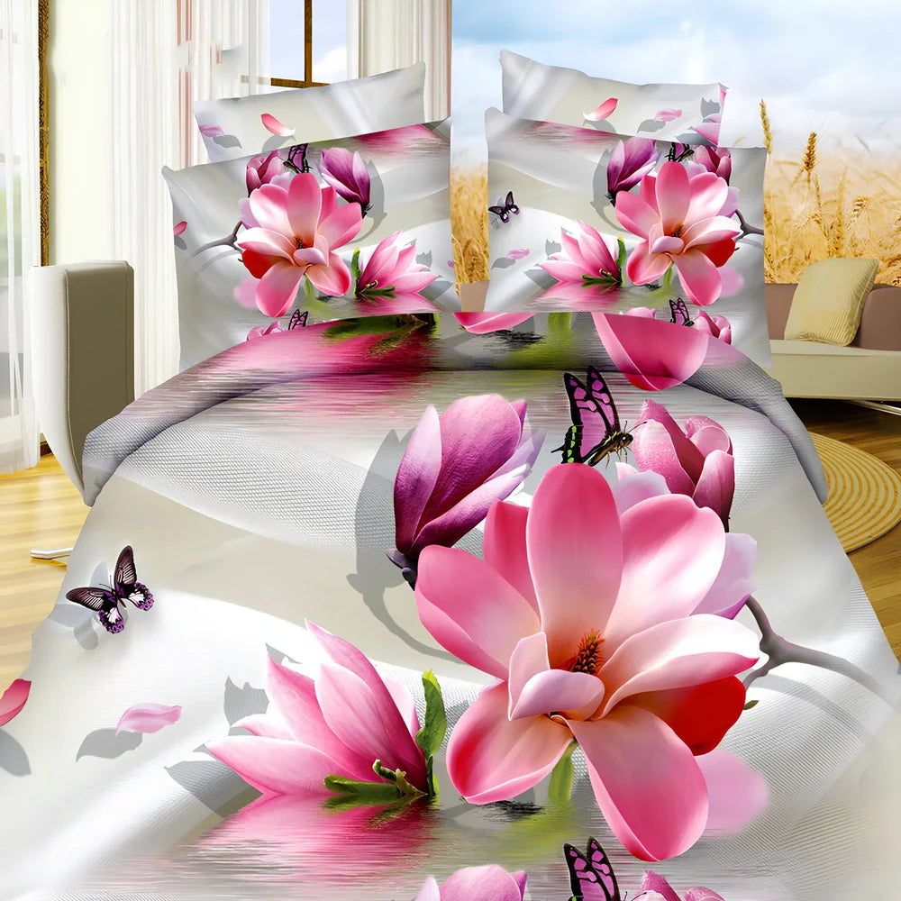 Brushed 3D floral pattern four-piece bedding set with quilt cover, sheets, and pillowcases in blue colour