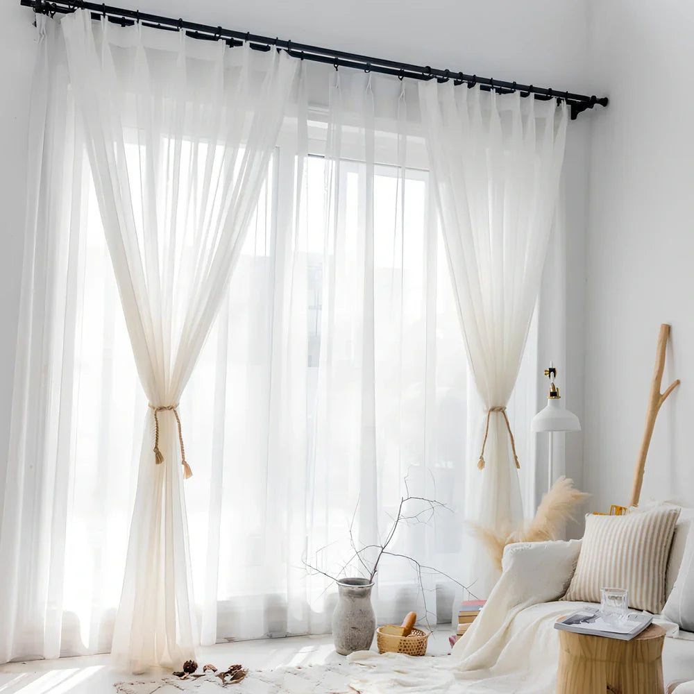 White Nordic linen curtain panel, hemp polyester blend, 1.0m width by 1.3m height, plain pattern for light diffusion