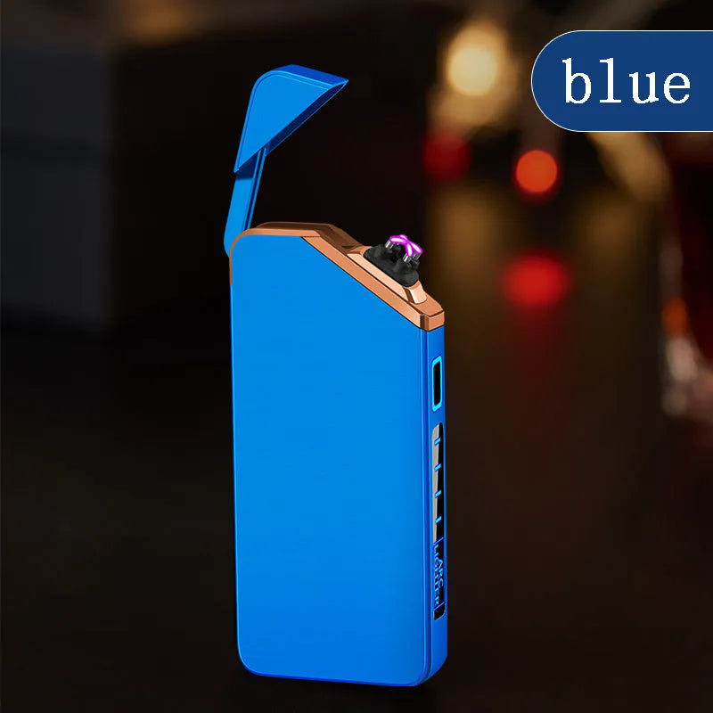 USB rechargeable double arc lighter in zinc alloy with ice noodle finish, 73x35x11mm, available in six colours