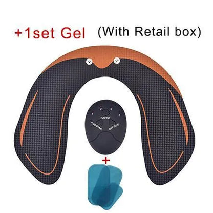 Compact EMS muscle stimulator unit with remote control and gel pads for abdominal and buttock toning.