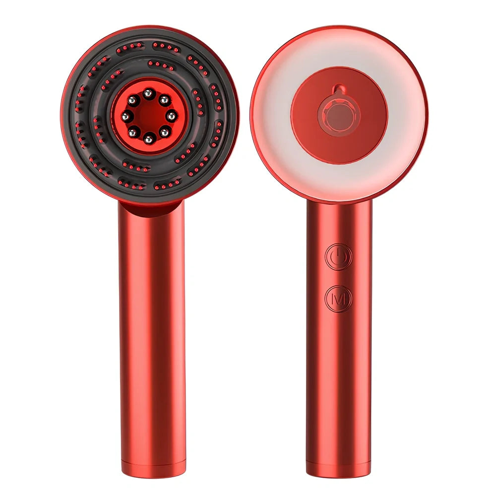 Fluffy comb scalp massager with infrared light therapy functions showing comb attachment and control buttons