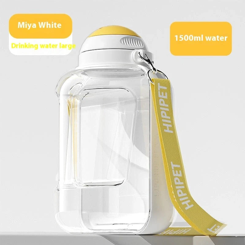 Portable 2-in-1 dog and cat water bowl with food container, available in white, yellow, and grey colors