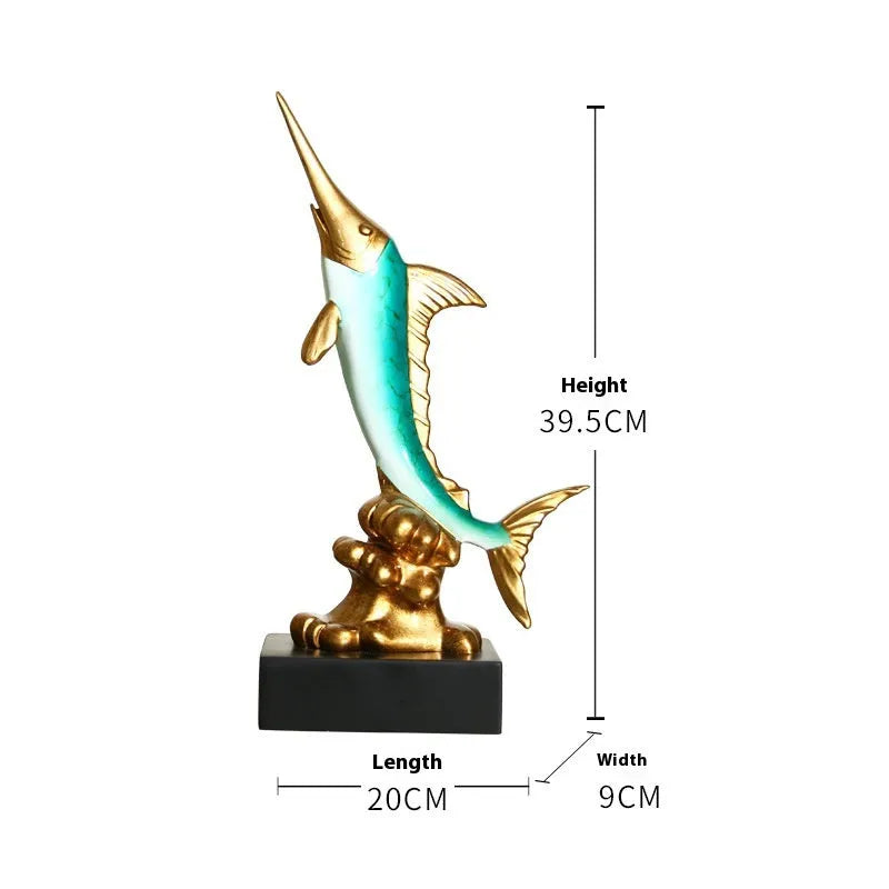 European-style swordfish resin ornament in Brilliant Gold, Coral Red, Lake Blue, or Sea Green colour options