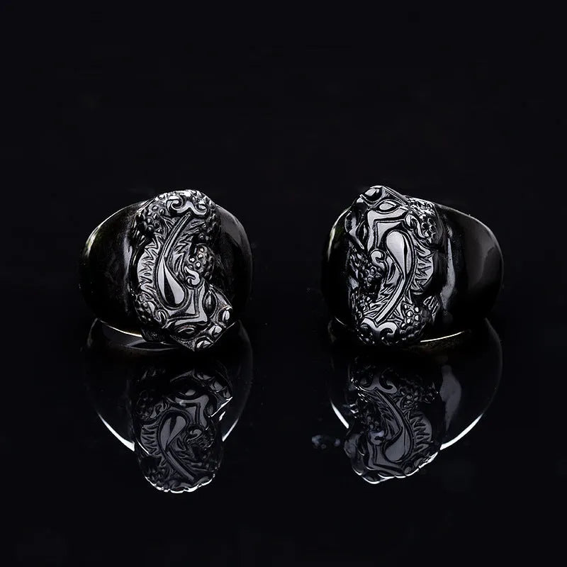 Natural Gold Sheen Obsidian Pixiu Ring Thumb Ring Domineering men's jewellery in obsidian crystal with alloy setting, available in four adjustable sizes: number 19, 20, 21, 22 for a masculine statement accessory with Chinese cultural symbolism.
