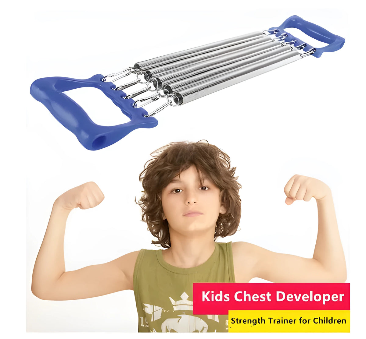 Chest expander training equipment with carbon spring and ABS plastic, shown in blue, green, and red colour options