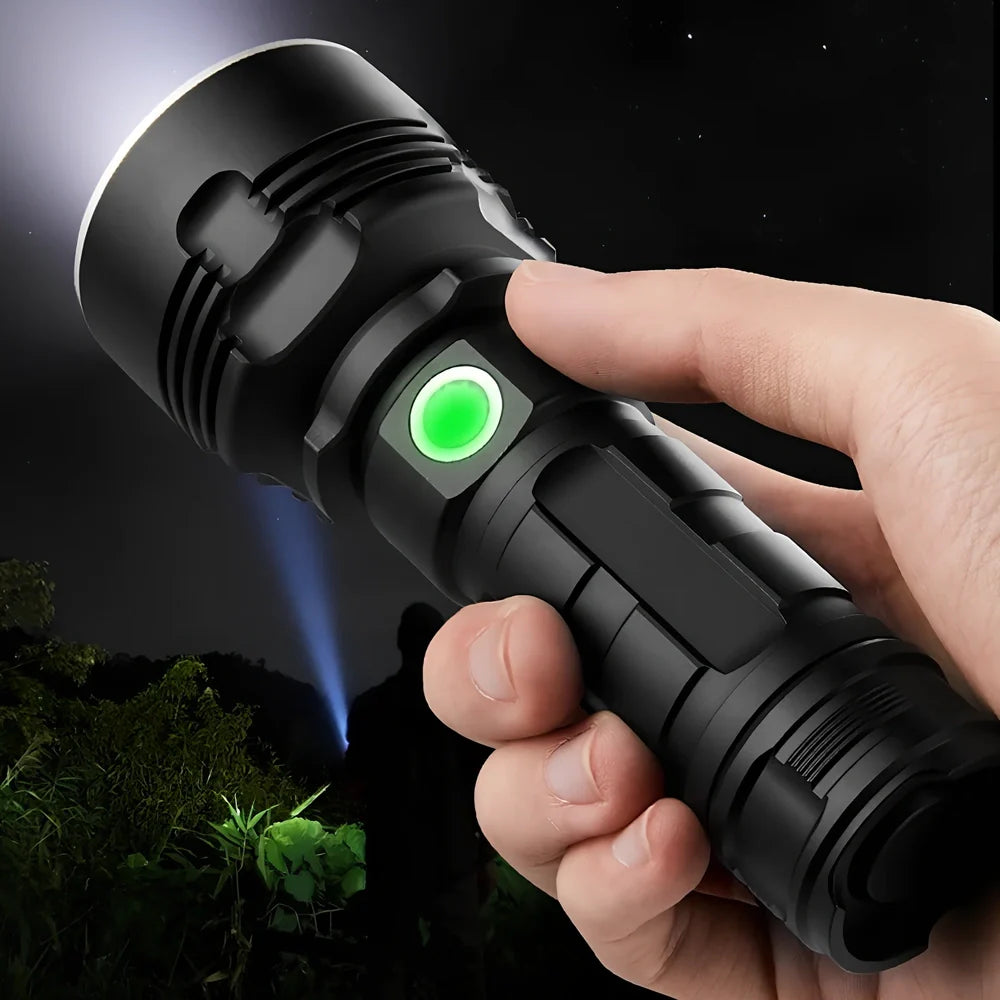 Aluminium alloy LED flashlight with 200-500m beam range and rechargeable battery system