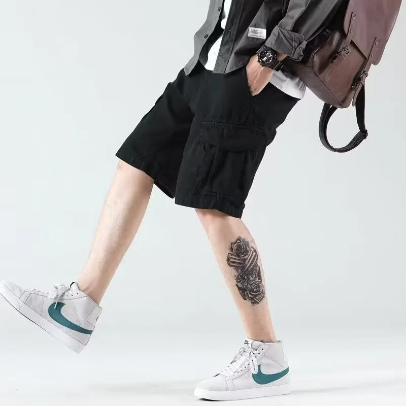 Men's heavy American overalls shorts in khaki, black, or green, loose straight-leg polyester blend summer shorts with zip fly