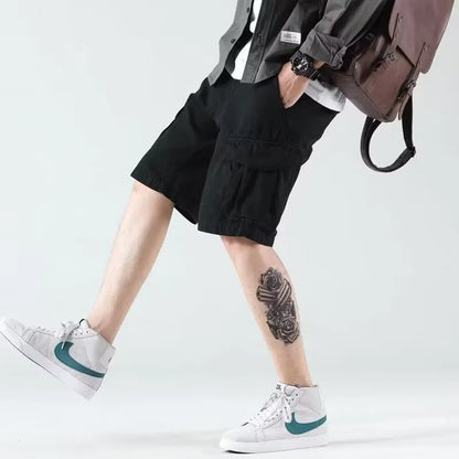 Men's heavy American overalls shorts in khaki, black, or green, loose straight-leg polyester blend summer shorts with zip fly
