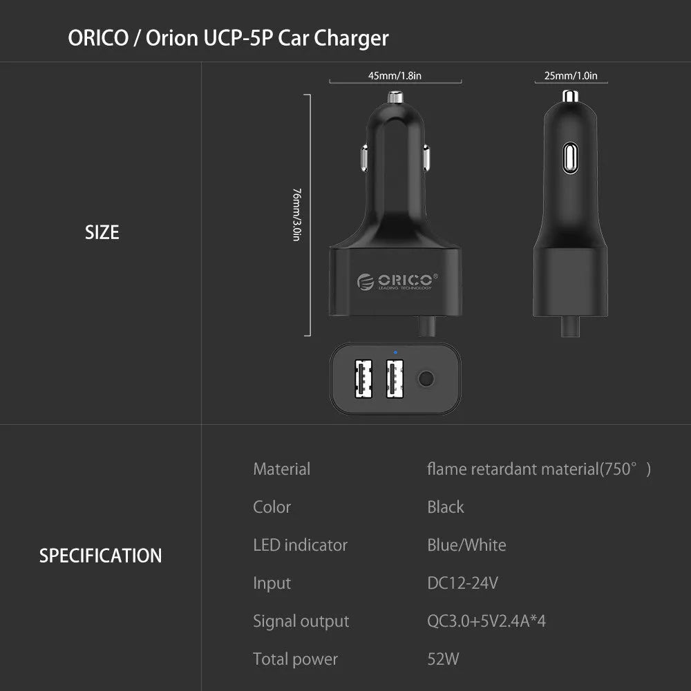 ORICO black 5-port car charger with QC3.0 and 1.8m cord for 12V/24V cigarette lighter sockets